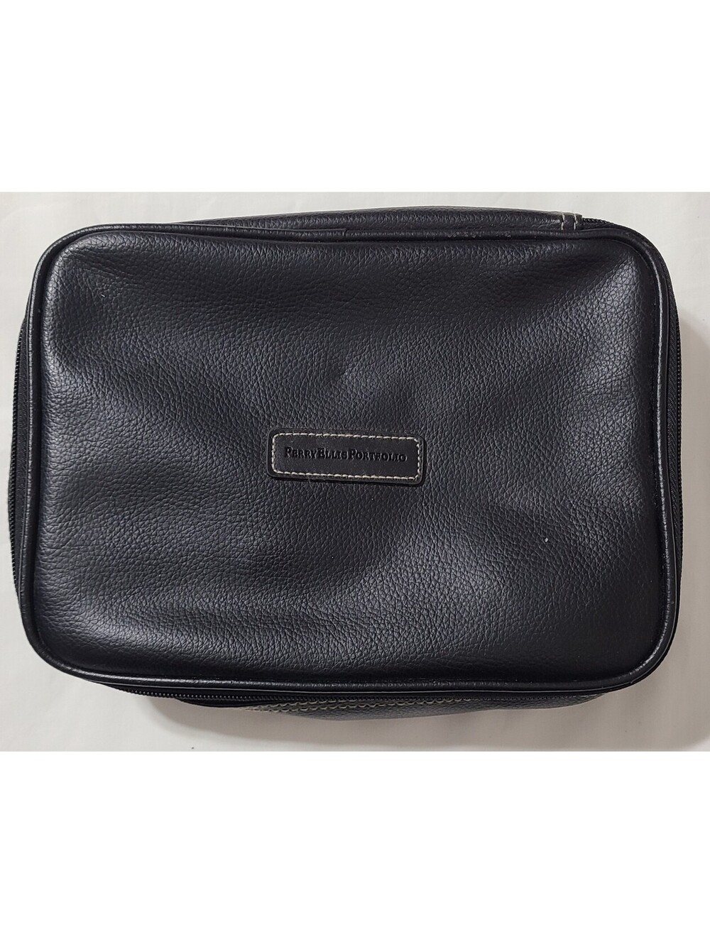Perry Ellis Leather Dopp Kit Mens OS Black Travel Toiletry Bag Shaving Pouch GUC